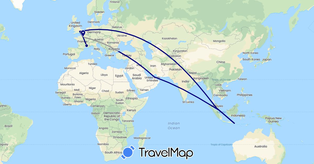 TravelMap itinerary: driving, plane in United Arab Emirates, France, United Kingdom, Indonesia, Malaysia, Singapore, Turkey (Asia, Europe)